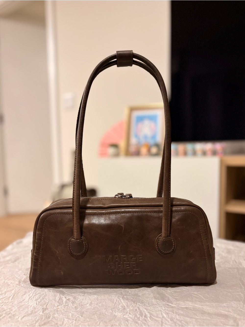 Marge Sherwood Soft Boston Baguette Bag - Washed Brown Pull-Up